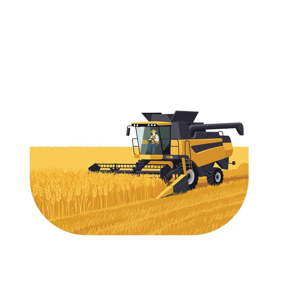 A bright yellow combine harvester in a golden wheat field showcasing flat design art vector