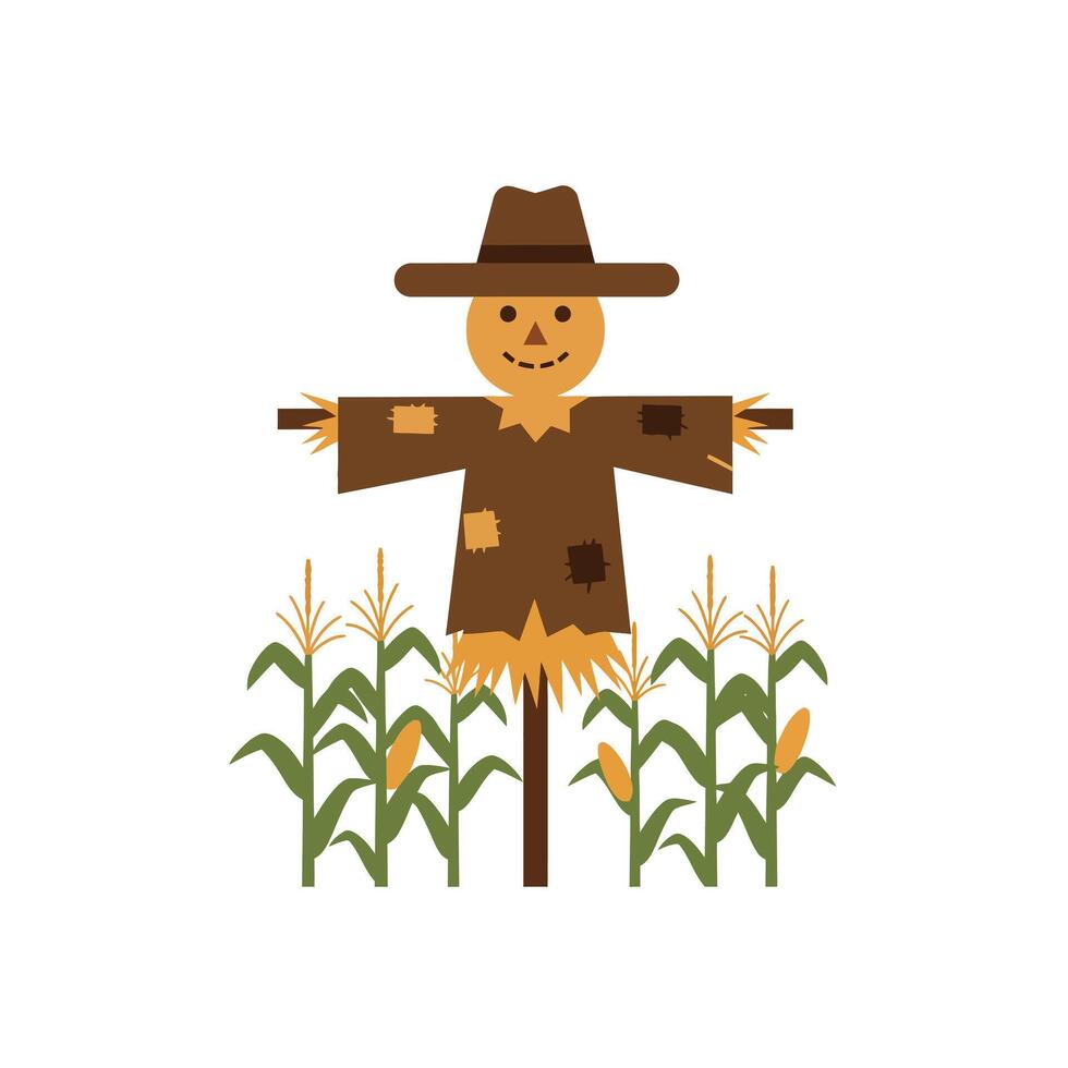 Cheerful scarecrow standing amidst tall corn plants in a flat, minimal style art vector