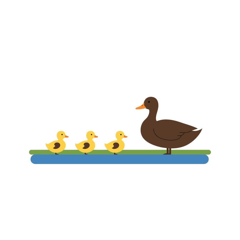 A mother duck leading three fluffy ducklings in a colorful flat design illustration showcasing a serene pond setting with a playful and joyful atmosphere vector