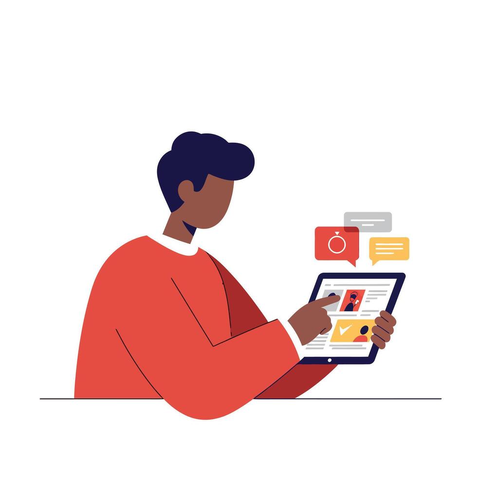 Person using a tablet to browse online content in a minimal style illustration vector