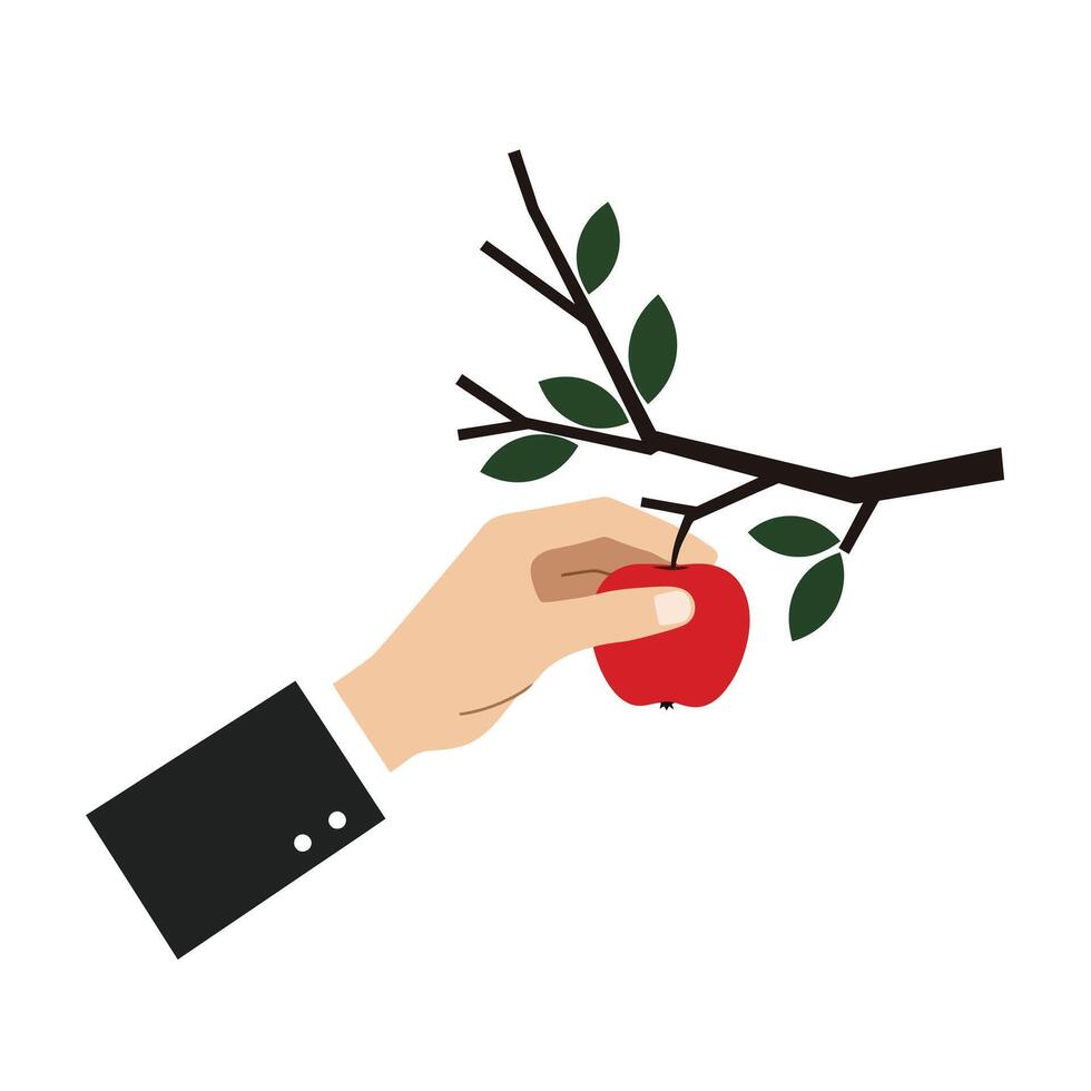 Hand reaching for a red apple on a branch in a minimalist design style illustration vector
