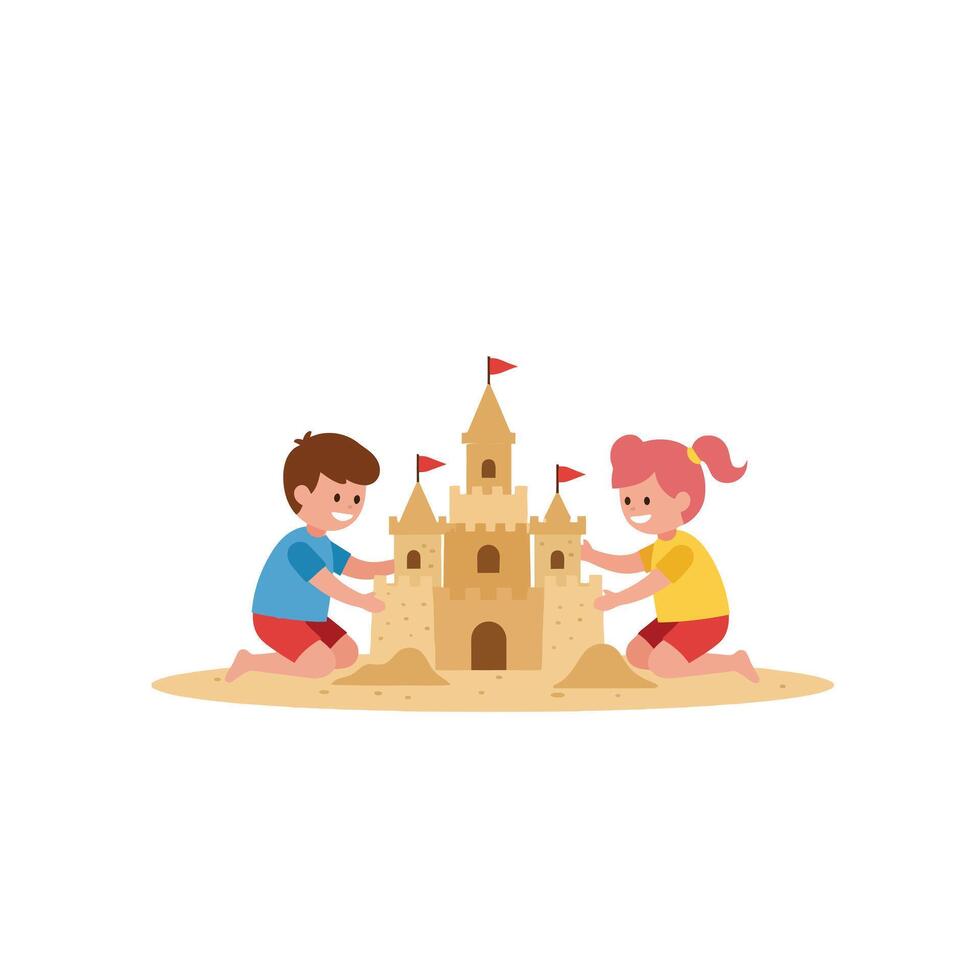 Two children building a sandcastle together on a sunny beach in flat art style depicting joy and creativity vector