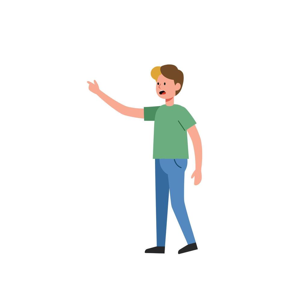 A young boy enthusiastically gesturing with his right hand while wearing a green shirt and blue jeans in a minimal illustration vector