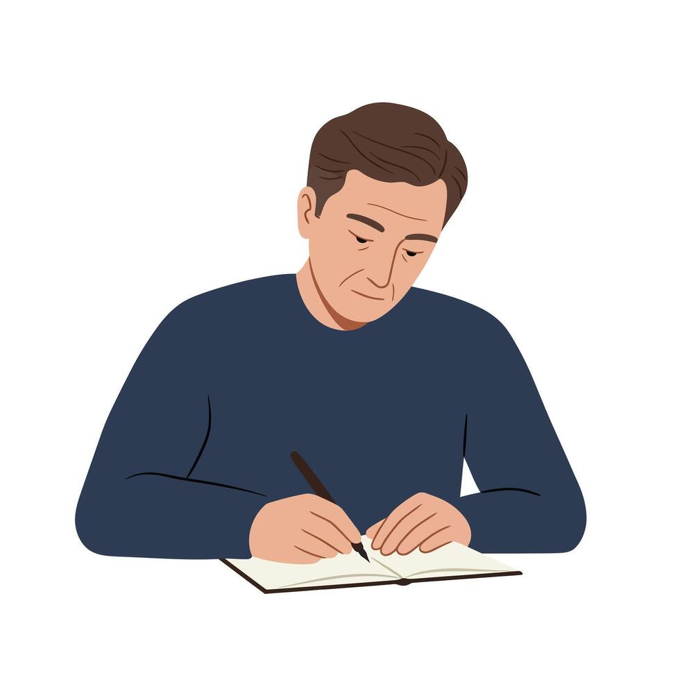 A man writing in a notebook with a focused expression, minimalistic style, conveying a sense of concentration and creativity in illustration vector