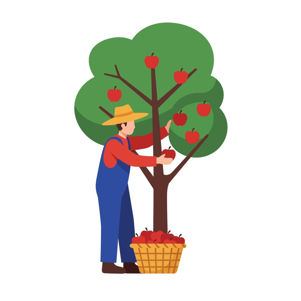A farmer picking ripe apples from a tree in a vibrant orchard, showcasing a flat design style, featuring lively colors and cheerful atmosphere in art vector