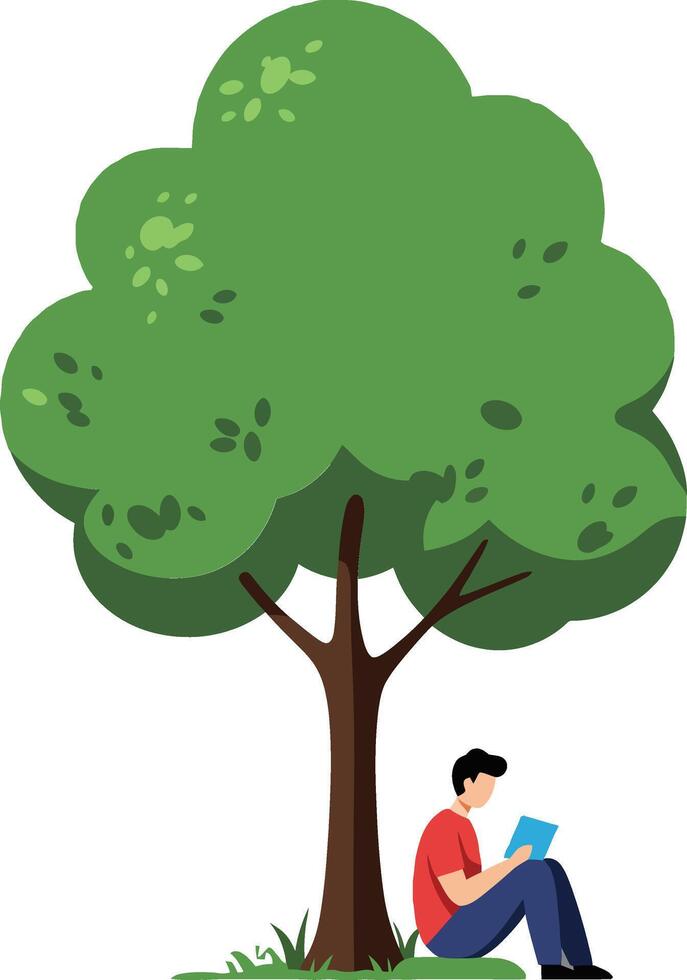 A young man reading a book under a large green tree in a serene flat illustration vector