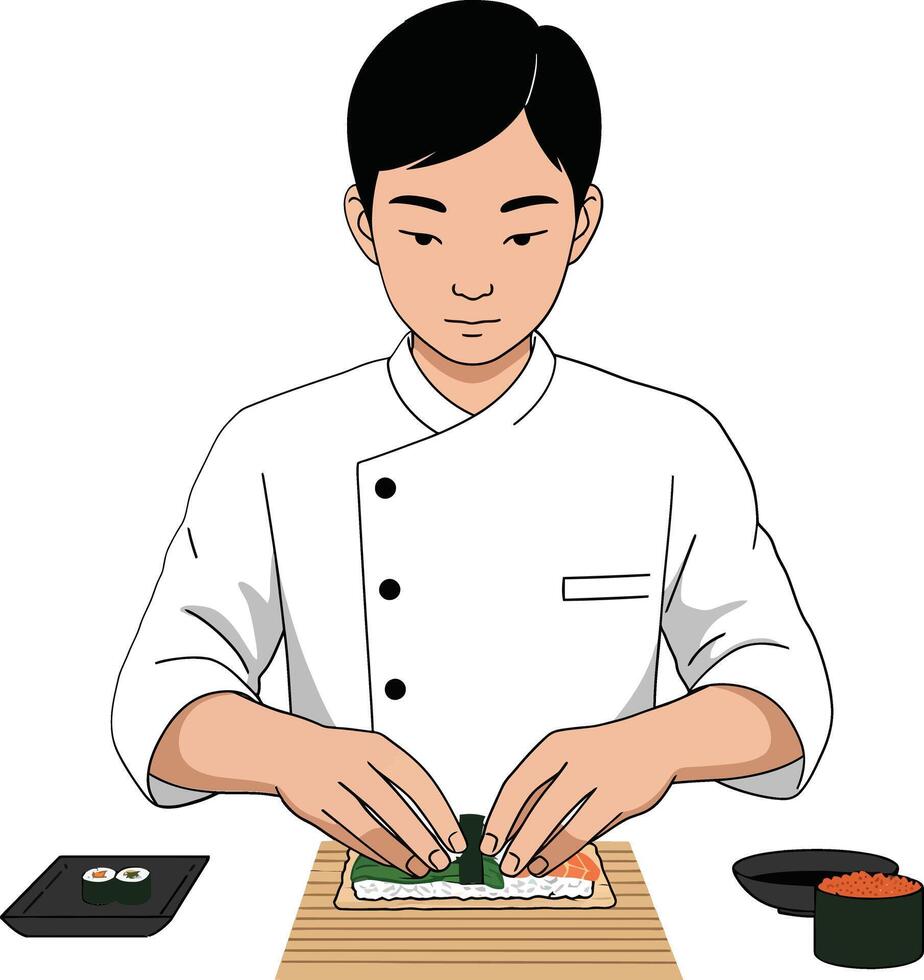 Sushi chef skillfully preparing sushi rolls in a minimal flat design illustration showcasing culinary craftsmanship and focus in a serene kitchen setting vector