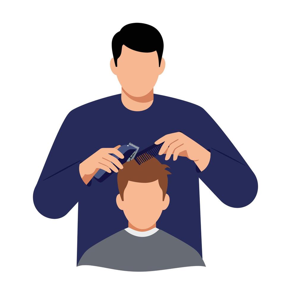 A barber expertly cutting a young boys hair in a minimal and modern style showcasing skills and care in illustration vector