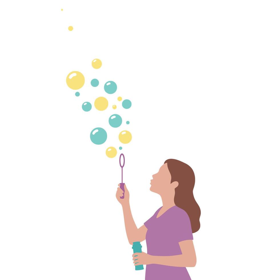 Young woman blowing colorful bubbles in a playful, minimalistic design style, capturing joy and innocence in vibrant art vector