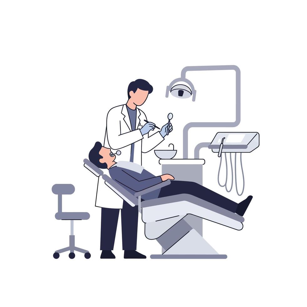 Dentist in a white coat examining a patient in a modern dental office, minimal illustration vector