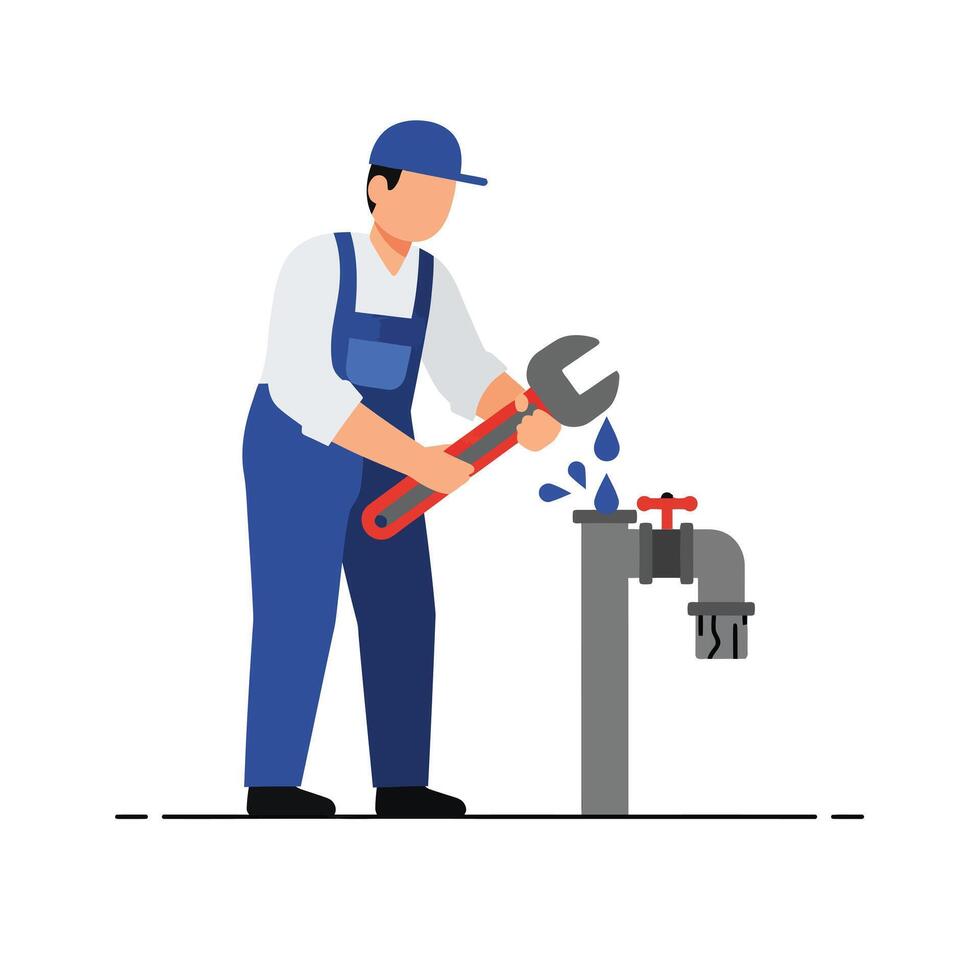 A man in blue overalls using a wrench to fix a leaking pipe in a flat art style vector