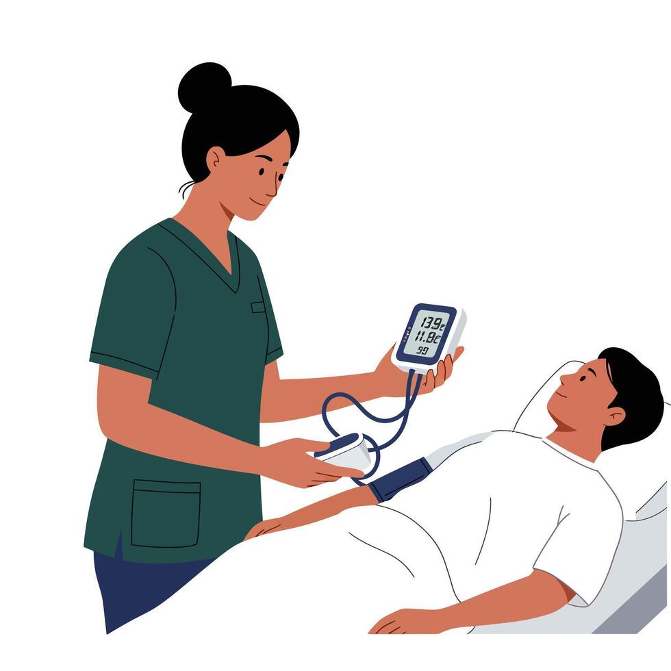 Nurse in green scrubs checking blood pressure of a patient lying on a hospital bed in flat art vector