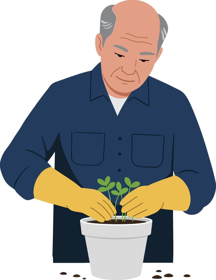 Elderly man planting a small green plant in a white pot using yellow gloves in a flat illustration vector