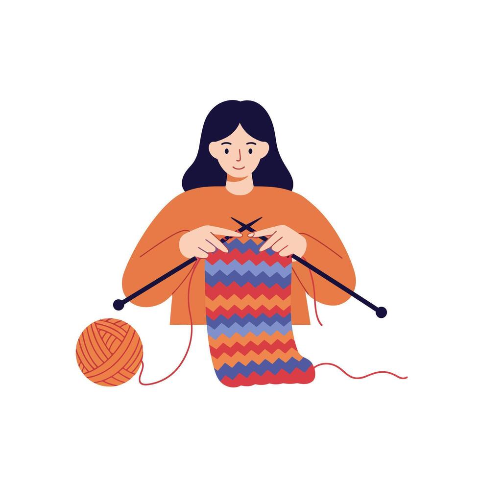 A woman knitting a colorful scarf with vibrant yarn, showcasing her skill in flat art style, exuding creativity and relaxation in a cozy setting illustration vector
