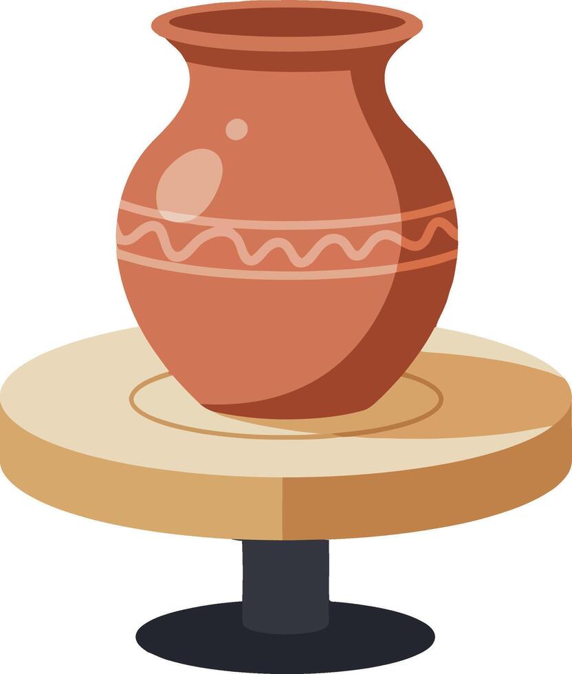 A traditional clay pot resting on a wooden pedestal in a minimal flat design style showcasing craftsmanship in art vector