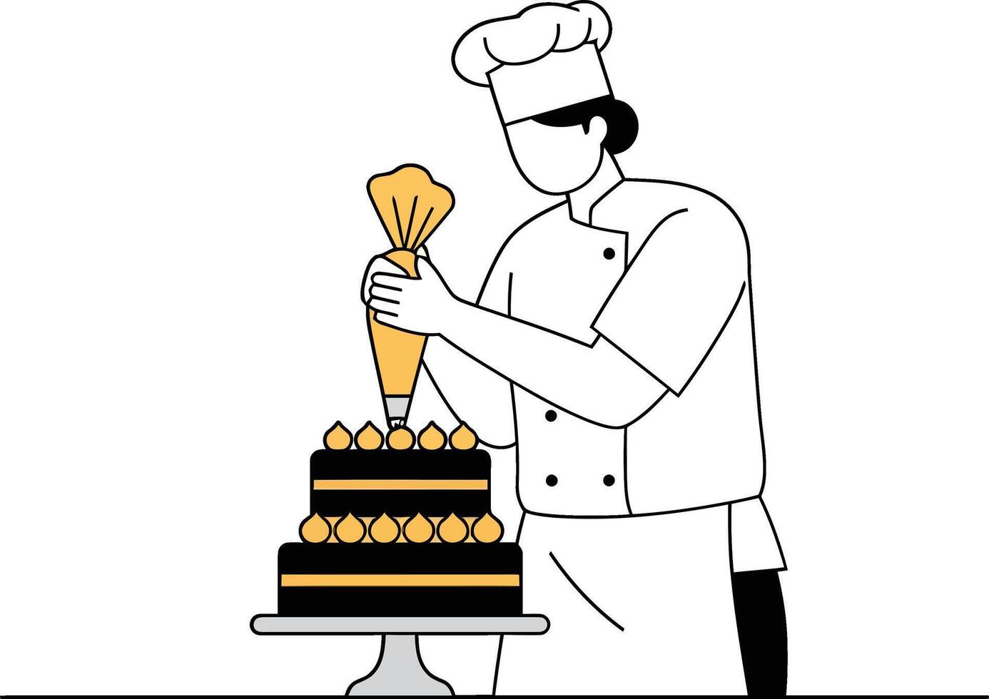 Chef skillfully decorating a multi-tiered cake with icing in a minimal style illustration vector