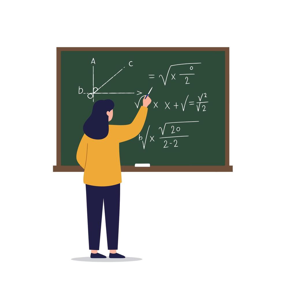 A teacher in a yellow sweater explaining math concepts on a blackboard in a flat illustration showcasing education and learning atmosphere vector