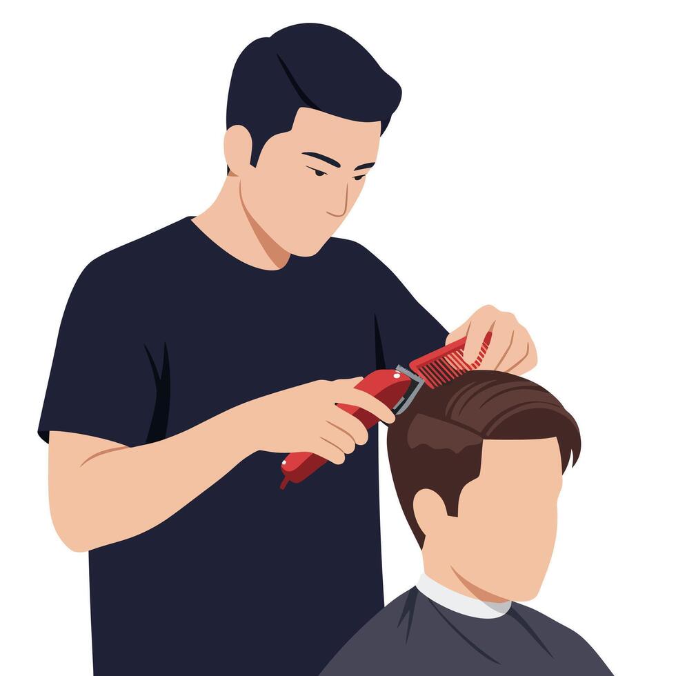 A barber skillfully cutting hair with a comb and clippers in a minimal, flat design illustration vector