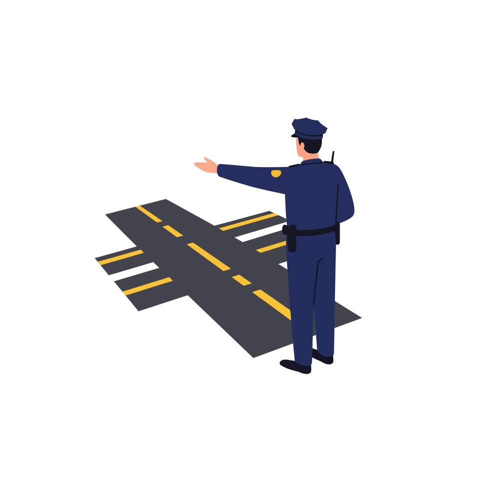 Police officer directing traffic on a city street in a flat and minimal design art vector
