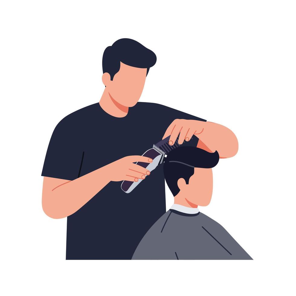 Male barber giving a stylish haircut to a young man in a minimal and modern flat art vector
