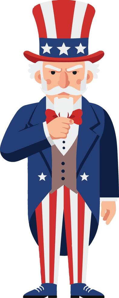 Patriotic character wearing a tall red, white, and blue hat and suit in a flat illustration style, embodying a confident and determined expression in a celebratory pose art vector