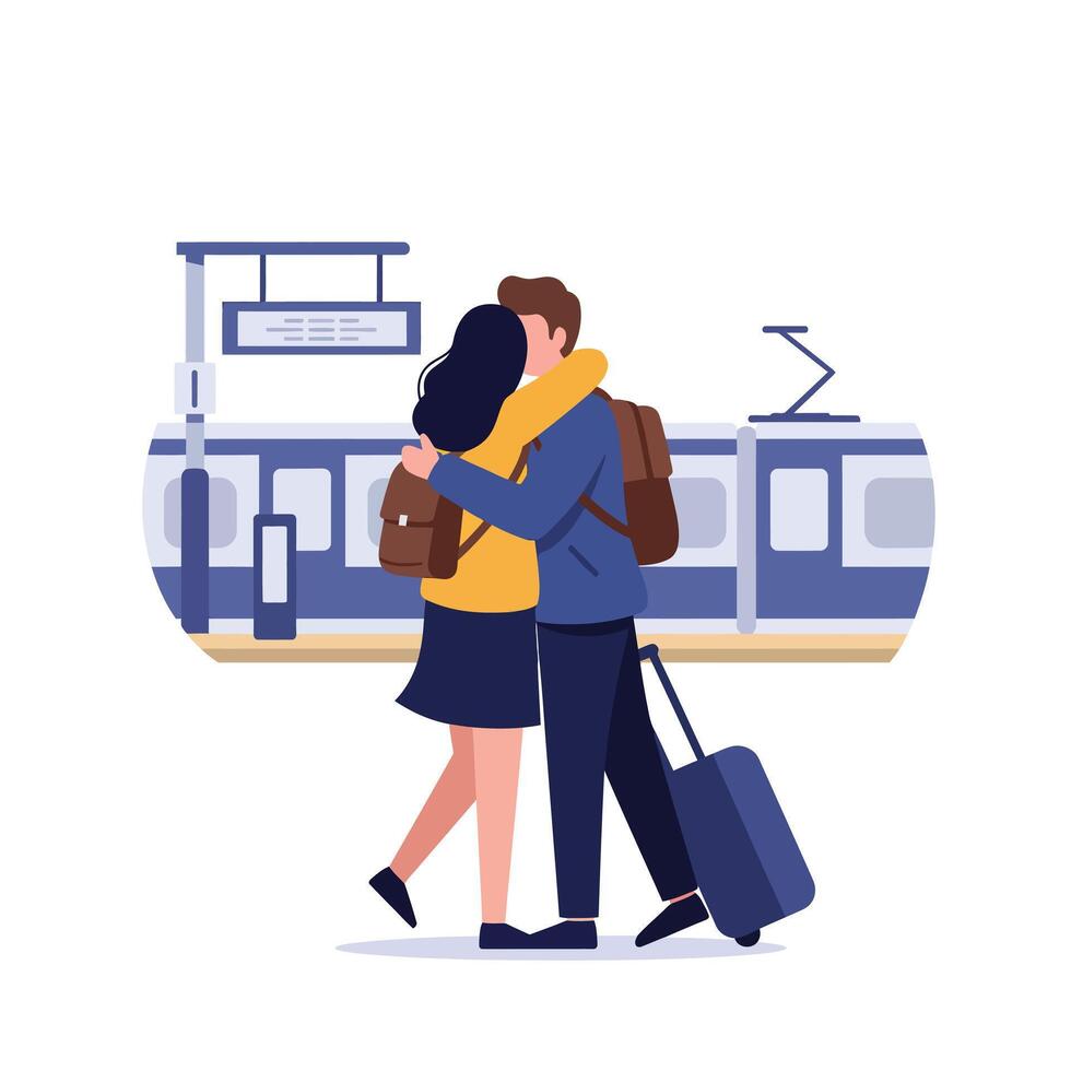 A couple embracing warmly at a train station surrounded by luggage in a flat illustration vector