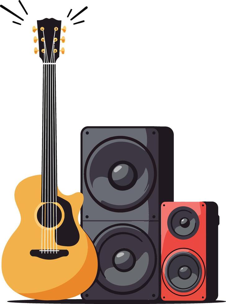 Acoustic guitar standing next to large speakers in a vibrant flat illustration showcasing musical elements and lively atmosphere of sound and rhythm vector