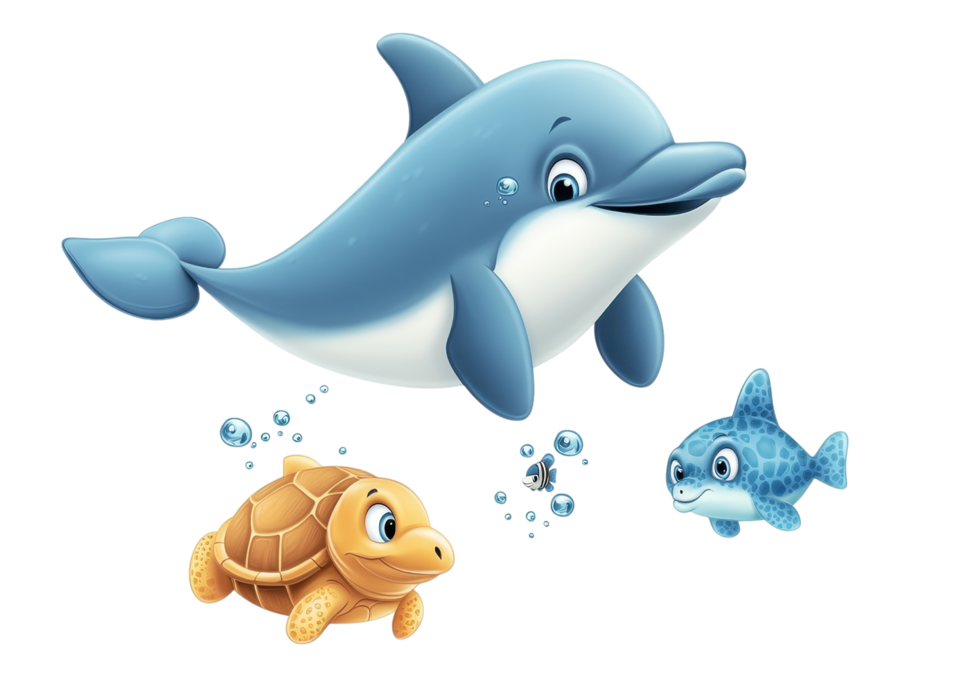 Playful blue dolphin swimming with colorful fish and sea creatures isolated on a transparent background png