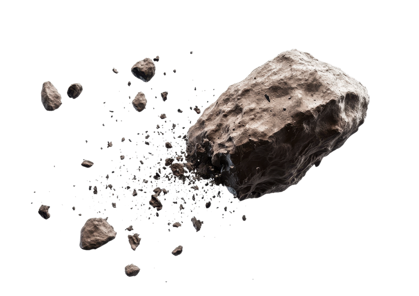 Large Dark Asteroid with Small Rocks Floating Around. Isolated on a Transparent Background png