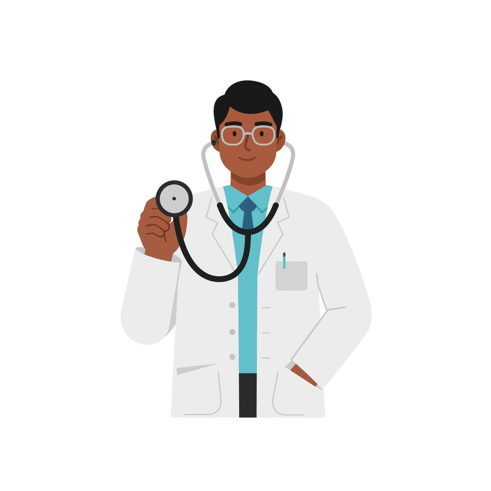 Confident male doctor in a white coat holding a stethoscope in a flat and minimal design art vector