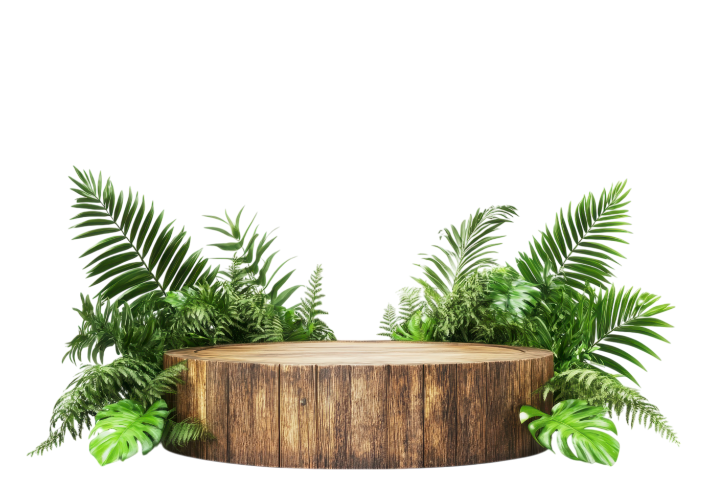 Wooden Display Stand with Fern Leaves and a Natural Forest Aesthetic. Isolated on a Transparent Background png
