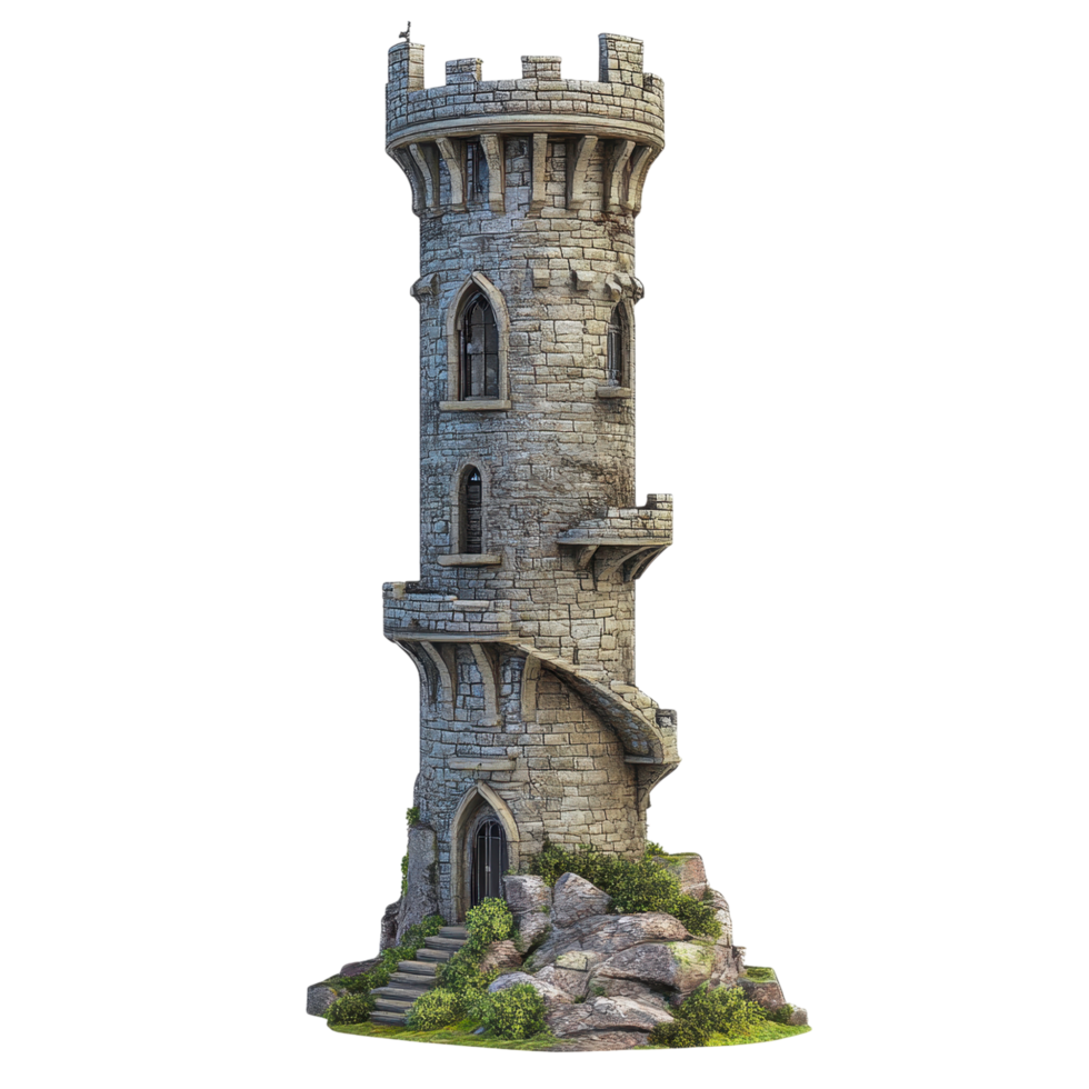 Medieval stone watchtower with weathered bricks and a rocky base isolated on a transparent background png
