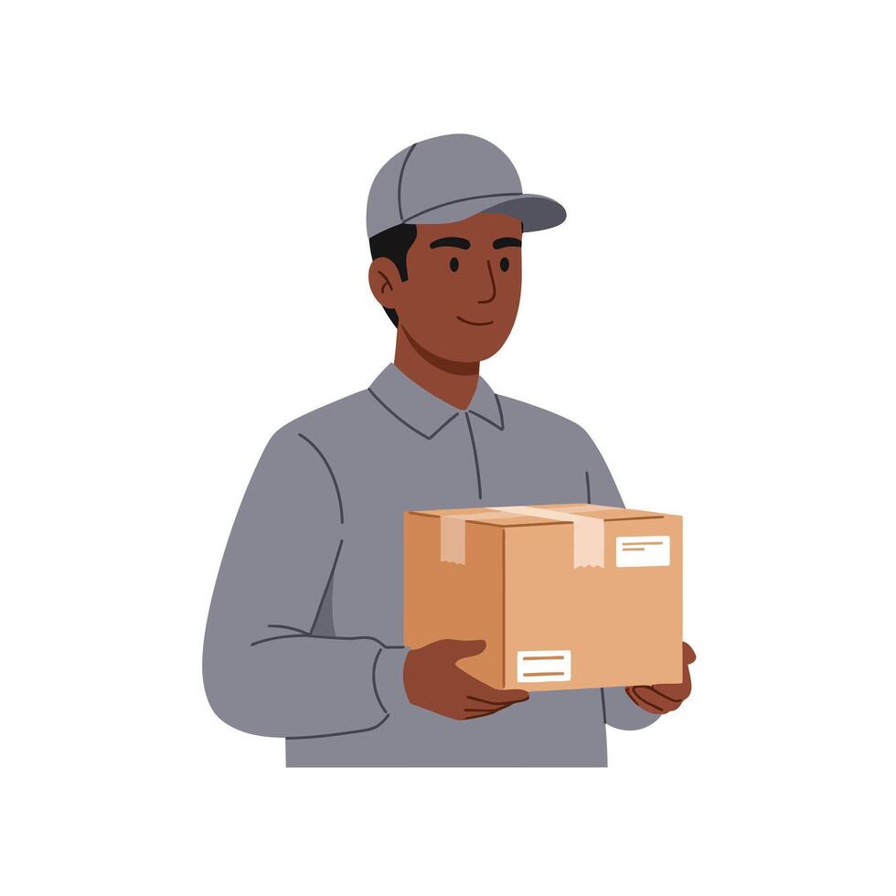 Delivery person in grey uniform smiling while holding a cardboard box in a minimal and friendly style art vector