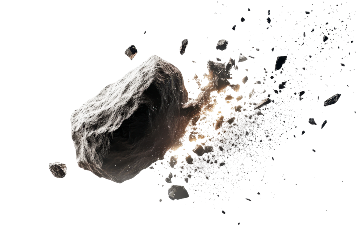 Floating Meteor Rock with Debris Breaking Apart. Isolated on a Transparent Background png