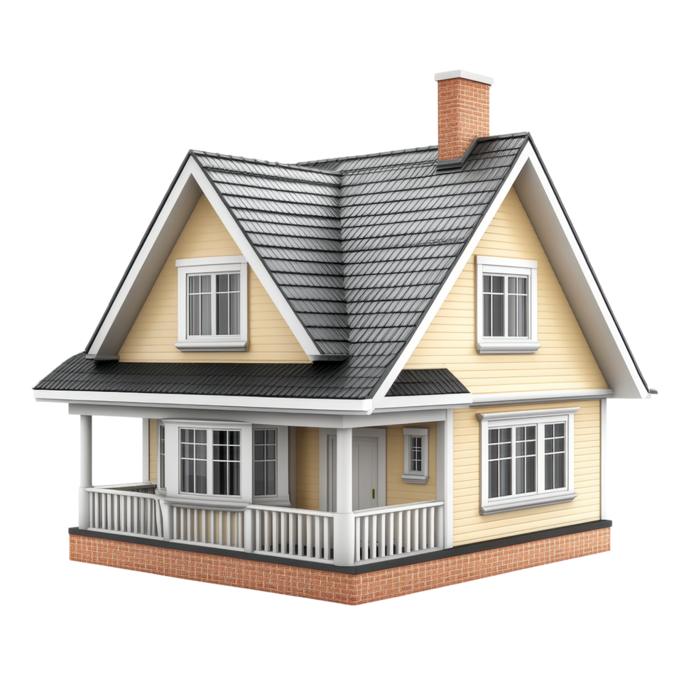 Suburban house with gray roof, dormer windows, and wooden porch isolated on a transparent background png