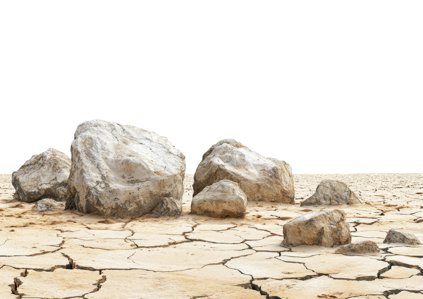 Wide Landscape with Scattered Rocks on Dry, Cracked Ground. Isolated on a Transparent Background png