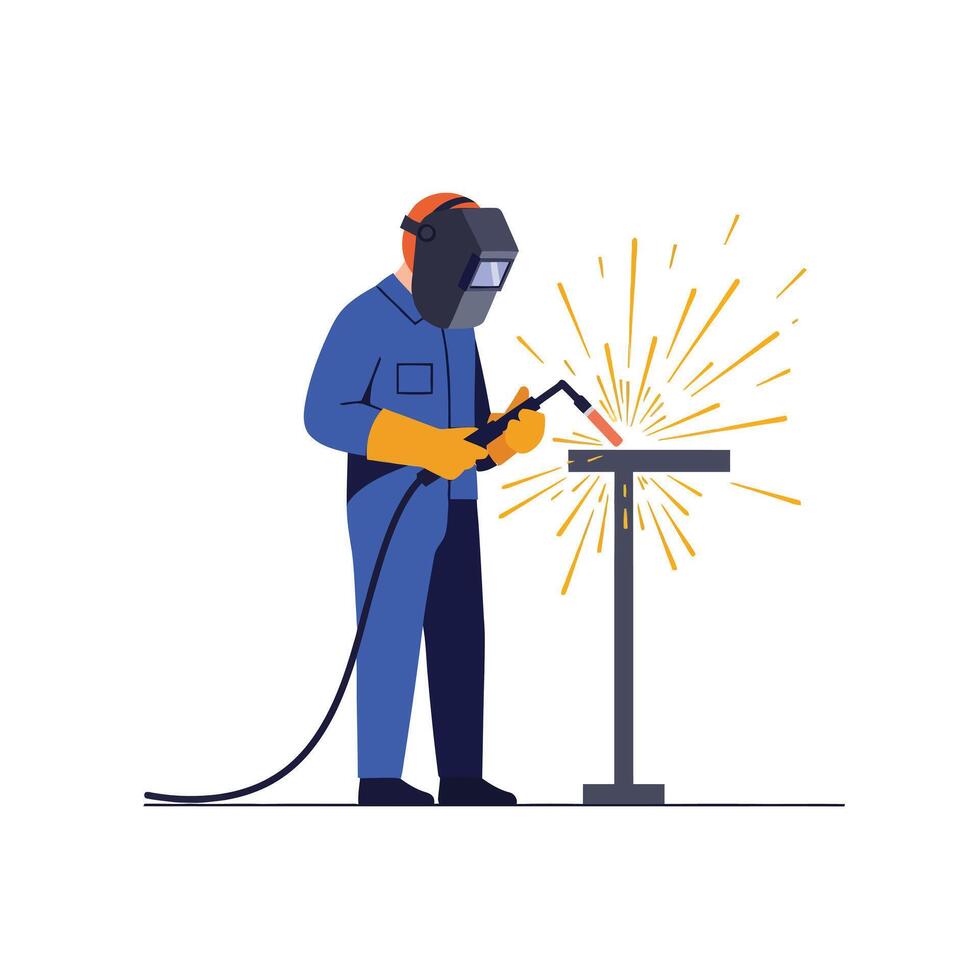Skilled welder in protective gear using a welding torch to fuse metal parts in a dynamic flat illustration vector