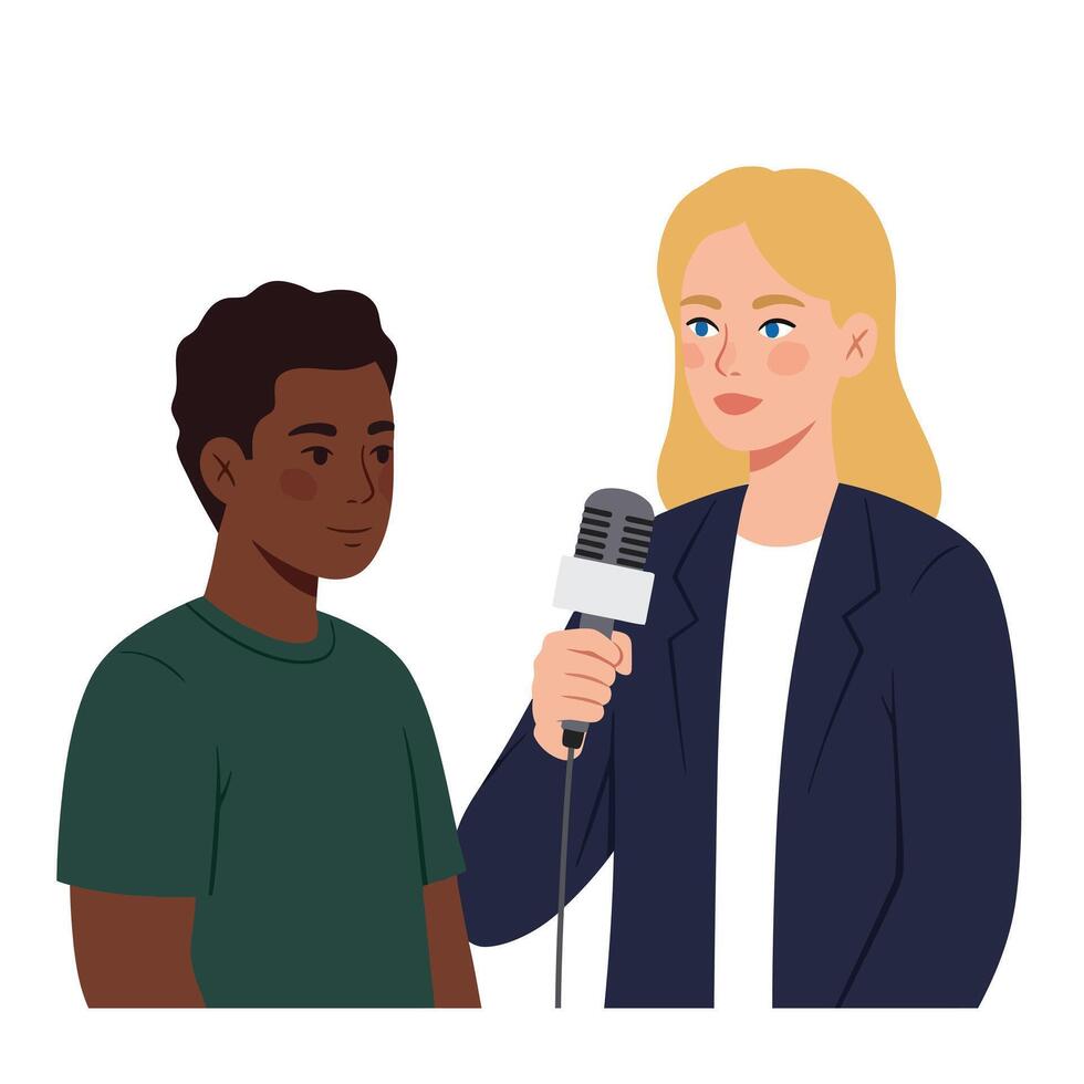 A young woman interviewing a boy with a microphone in a minimal, flat design style illustration vector