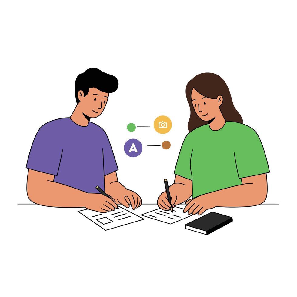 Two diverse individuals collaborating on a project, surrounded by tools and notes in a flat and minimal illustration vector
