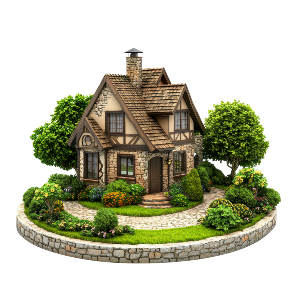 Charming stone cottage with thatched roof and lush garden isolated on a transparent background png