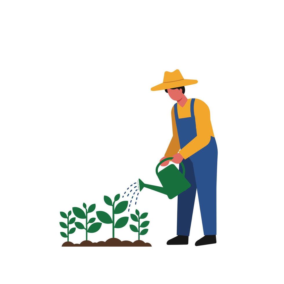 A farmer in a yellow shirt and blue overalls watering green plants with a green watering can in a flat illustration vector