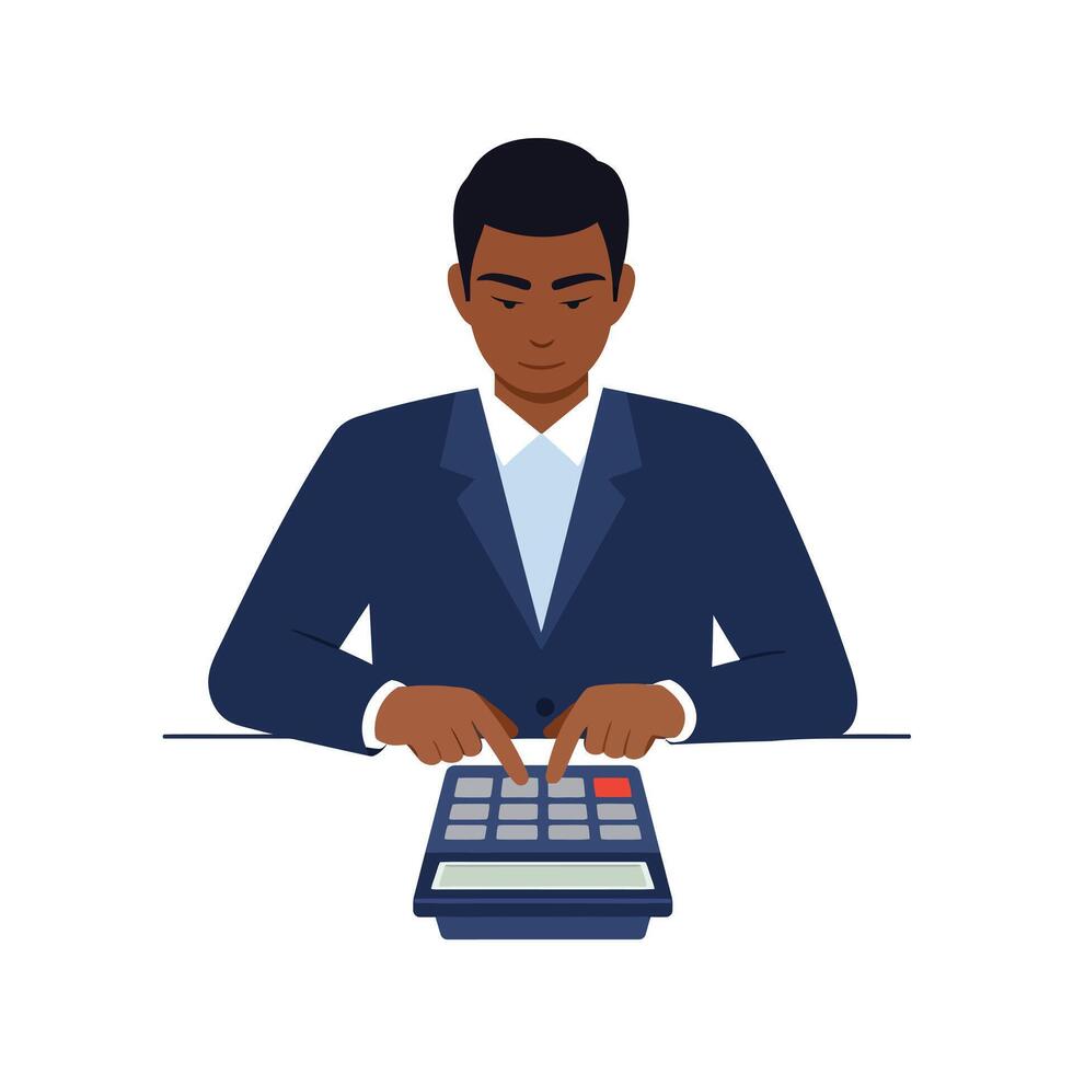 Professional man in a suit calculating financial data with a calculator in a minimal flat illustration vector