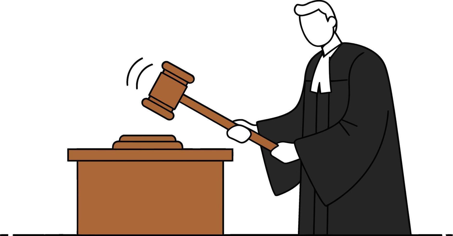 Judge in black robe striking gavel on wooden block in flat minimal illustration vector