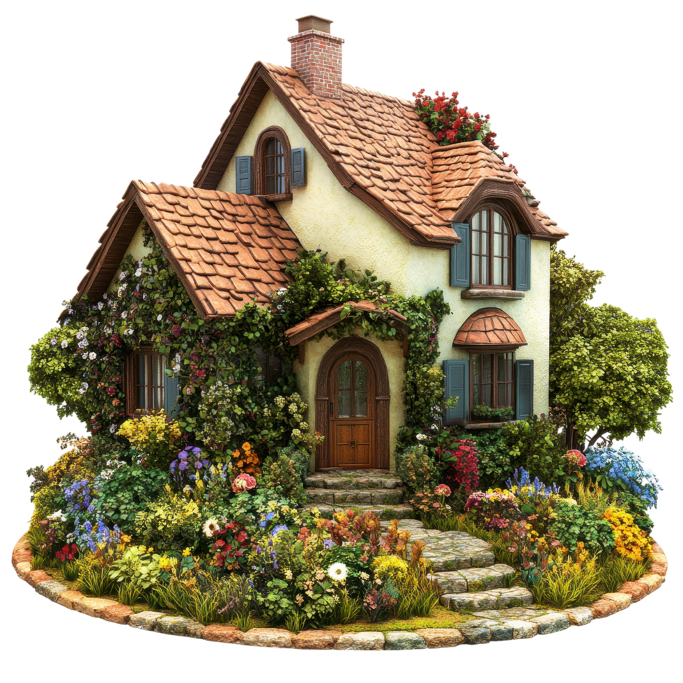 Cozy fairy tale-style house with brick chimney and floral surroundings isolated on a transparent background png