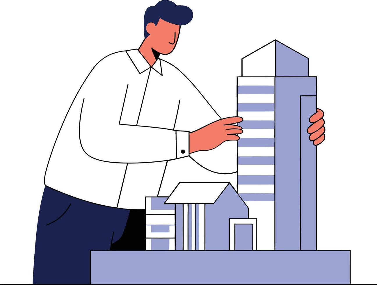 A man in a white shirt meticulously constructing a modern cityscape with flat design elements showcasing buildings and architectural models in illustration vector
