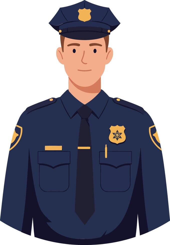 Confident police officer in uniform with a navy blue shirt and cap, minimal design style, smiling expression, illustration vector