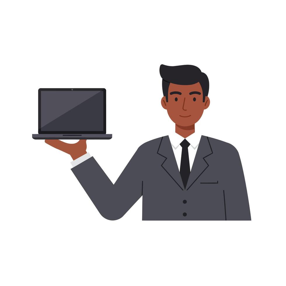Confident businessman in a grey suit holding a laptop showcasing modern technology in a flat illustration vector