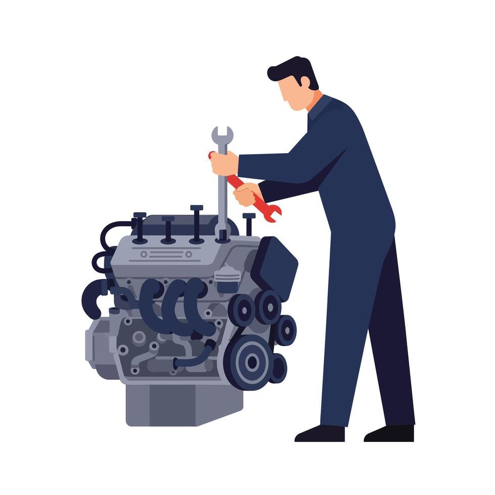 Mechanic working diligently on a detailed automotive engine in a flat design illustration vector