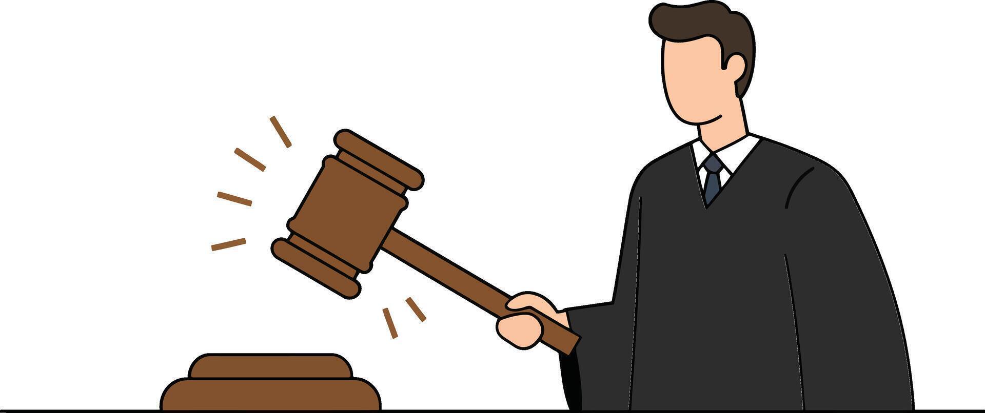 Judge in a black robe holding a gavel with a focused expression in a flat illustration vector