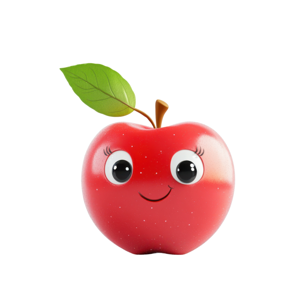 Cute 3D Cartoon Apple with Smiling Face and Green Leaf Isolated on Transparent Background png